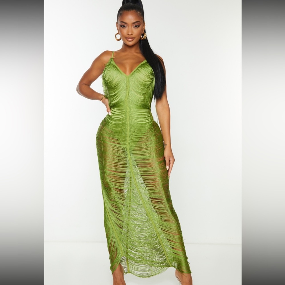 PrettyLittleThing Green Ruched Maxi Dress for Wedding Guest